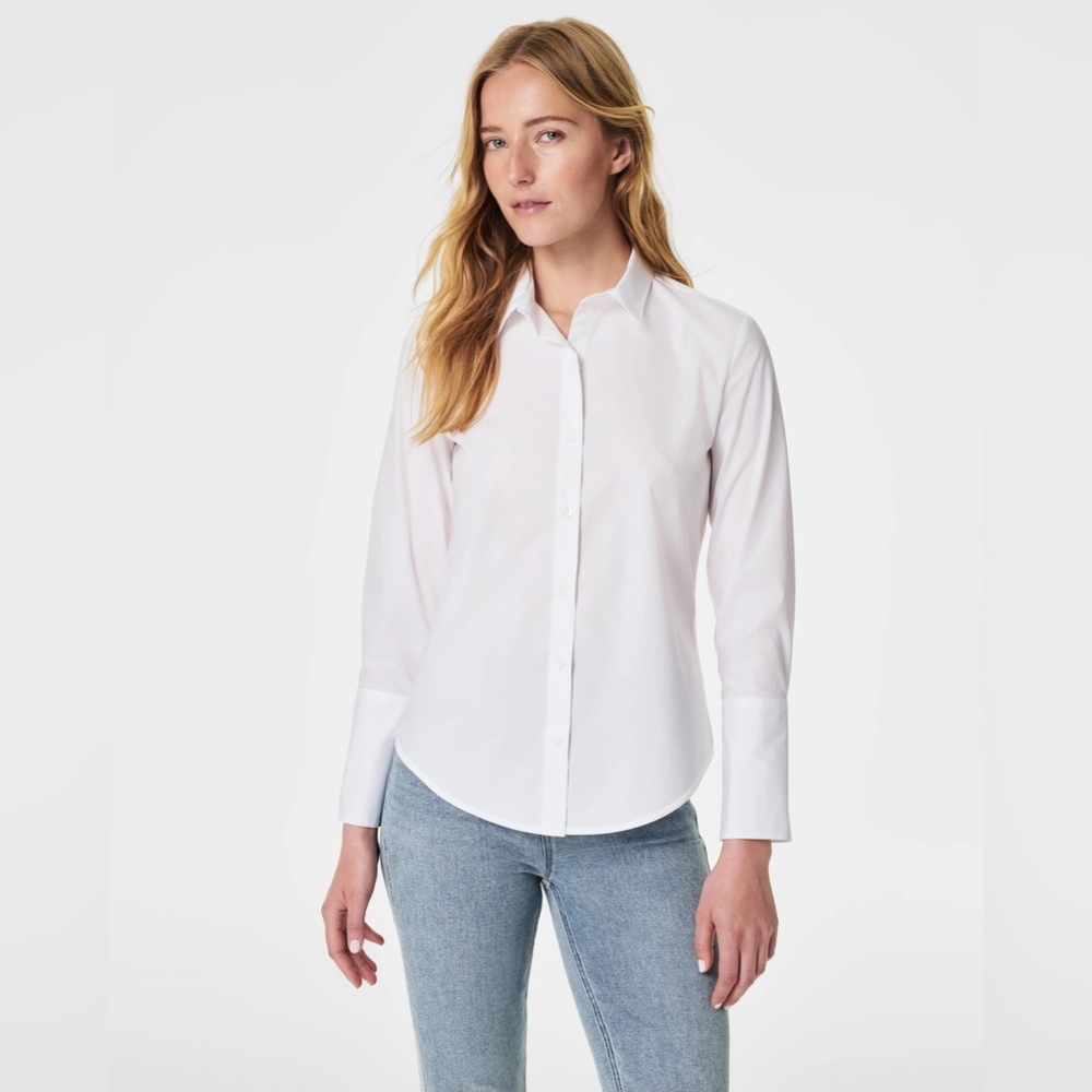 NWOT Spanx Poplin Fitted Button-Down Shirt size Small, White